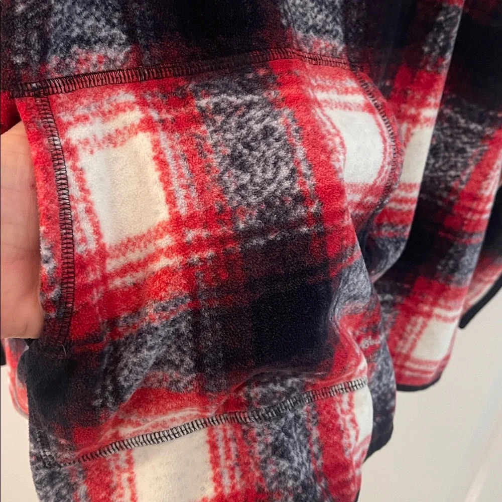 Eddie Bauer Fleece Red and Black Plaid Poncho with hood/pocket